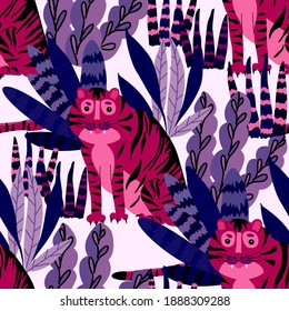 Creative seamless pattern with tiger in tropical forest. Bright summer print for any purposes. Trendy style.	