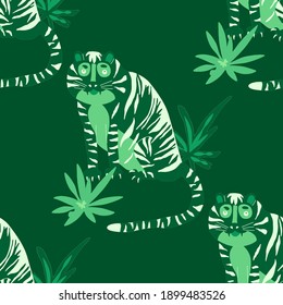 Creative seamless pattern with tiger in tropical forest. Bright summer print for any purposes. Trendy style.	
