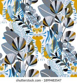 Creative seamless pattern with tiger in tropical forest. Bright summer print for any purposes. Trendy style.	