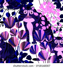 Creative seamless pattern with tiger in tropical forest. Bright summer print for any purposes. Trendy style.	