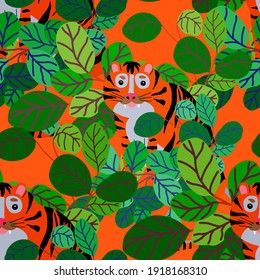 Creative seamless pattern with tiger in tropical forest. Bright summer print for any purposes. Trendy style.	
