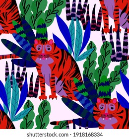 Creative seamless pattern with tiger in tropical forest. Bright summer print for any purposes. Trendy style.	