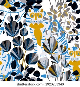 Creative seamless pattern with tiger in tropical forest. Bright summer print for any purposes. Trendy style.	