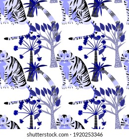Creative seamless pattern with tiger in tropical forest. Bright summer print for any purposes. Trendy style.	