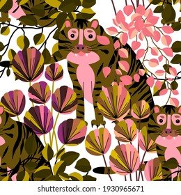 Creative seamless pattern with tiger in tropical forest. Bright summer print for any purposes. Trendy style.	