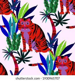 Creative seamless pattern with tiger in tropical forest. Bright summer print for any purposes. Trendy style.	