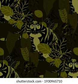 Creative seamless pattern with tiger in tropical forest. Bright summer print for any purposes. Trendy style.	