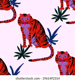 Creative seamless pattern with tiger in tropical forest. Bright summer print for any purposes. Trendy style.	