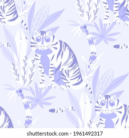 Creative seamless pattern with tiger in tropical forest. Bright summer print for any purposes. Trendy style.	