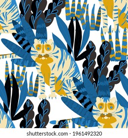 Creative seamless pattern with tiger in tropical forest. Bright summer print for any purposes. Trendy style.	