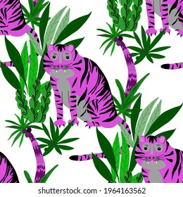 Creative seamless pattern with tiger in tropical forest. Bright summer print for any purposes. Trendy style.	