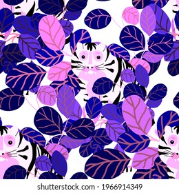 Creative seamless pattern with tiger in tropical forest. Bright summer print for any purposes. Trendy style.	