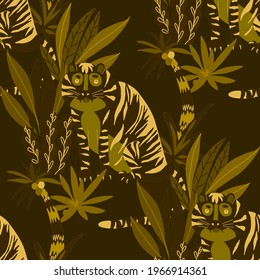 Creative seamless pattern with tiger in tropical forest. Bright summer print for any purposes. Trendy style.	