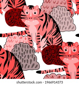 Creative seamless pattern with tiger in tropical forest. Bright summer print for any purposes. Trendy style.	