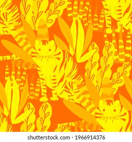 Creative seamless pattern with tiger in tropical forest. Bright summer print for any purposes. Trendy style.	