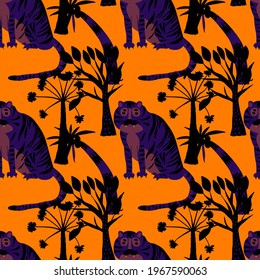 Creative seamless pattern with tiger in tropical forest. Bright summer print for any purposes. Trendy style.	