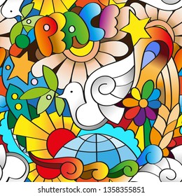 Creative seamless pattern - trendy colorful background.  Bright texture with doodle elements. The theme of world peace.