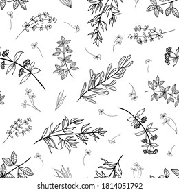 Creative seamless pattern in trendy doodle style. Vector background  with hand drawn texture and leaves. Abstract natural elements. Plant textile print. Sketch banner, template, greeting card. 