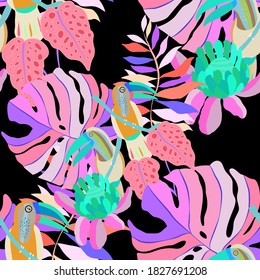 Creative seamless pattern with tropical birds, parrots, leaves and flowers. Trendy texture with hand drawn exotic plants. Swimwear botanical design. Jungle exotic summer print.