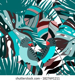 Creative seamless pattern with tropical birds, parrots, leaves and flowers. Trendy texture with hand drawn exotic plants. Swimwear botanical design. Jungle exotic summer print.