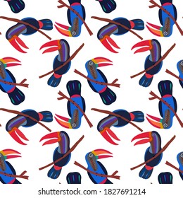 Creative seamless pattern with tropical birds, parrots, leaves and flowers. Trendy texture with hand drawn exotic plants. Swimwear botanical design. Jungle exotic summer print.