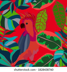 Creative seamless pattern with tropical birds, parrots, leaves and flowers. Trendy texture with hand drawn exotic plants. Swimwear botanical design. Jungle exotic summer print.