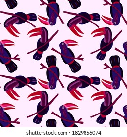 Creative seamless pattern with tropical birds, parrots, leaves and flowers. Trendy texture with hand drawn exotic plants. Swimwear botanical design. Jungle exotic summer print.