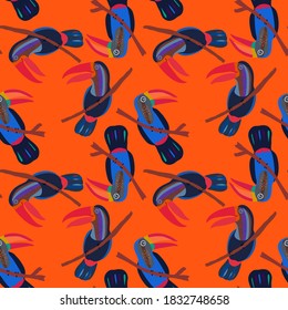 Creative seamless pattern with tropical birds, parrots, leaves and flowers. Trendy texture with hand drawn exotic plants. Swimwear botanical design. Jungle exotic summer print.