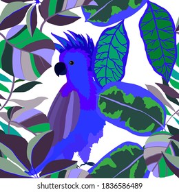 Creative seamless pattern with tropical birds, parrots, leaves and flowers. Trendy texture with hand drawn exotic plants. Swimwear botanical design. Jungle exotic summer print.