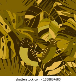 Creative seamless pattern with tropical birds, parrots, leaves and flowers. Trendy texture with hand drawn exotic plants. Swimwear botanical design. Jungle exotic summer print.	