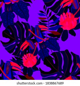 Creative seamless pattern with tropical birds, parrots, leaves and flowers. Trendy texture with hand drawn exotic plants. Swimwear botanical design. Jungle exotic summer print.	