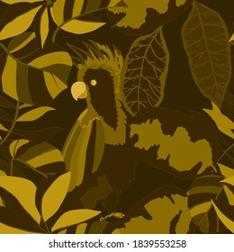 Creative seamless pattern with tropical birds, parrots, leaves and flowers. Trendy texture with hand drawn exotic plants. Swimwear botanical design. Jungle exotic summer print.	