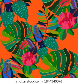 Creative seamless pattern with tropical birds, parrots, leaves and flowers. Trendy texture with hand drawn exotic plants. Swimwear botanical design. Jungle exotic summer print.	