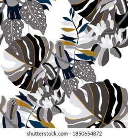 Creative seamless pattern with tropical birds, parrots, leaves and flowers. Trendy texture with hand drawn exotic plants. Swimwear botanical design. Jungle exotic summer print.	