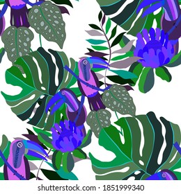 Creative seamless pattern with tropical birds, parrots, leaves and flowers. Trendy texture with hand drawn exotic plants. Swimwear botanical design. Jungle exotic summer print.	