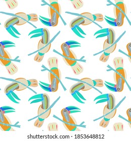 Creative seamless pattern with tropical birds, parrots, leaves and flowers. Trendy texture with hand drawn exotic plants. Swimwear botanical design. Jungle exotic summer print.	