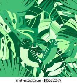 Creative seamless pattern with tropical birds, parrots, leaves and flowers. Trendy texture with hand drawn exotic plants. Swimwear botanical design. Jungle exotic summer print.	