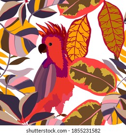 Creative seamless pattern with tropical birds, parrots, leaves and flowers. Trendy texture with hand drawn exotic plants. Swimwear botanical design. Jungle exotic summer print.	
