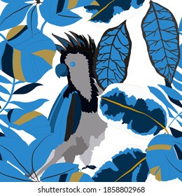 Creative seamless pattern with tropical birds, parrots, leaves and flowers. Trendy texture with hand drawn exotic plants. Swimwear botanical design. Jungle exotic summer print.	