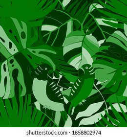 Creative seamless pattern with tropical birds, parrots, leaves and flowers. Trendy texture with hand drawn exotic plants. Swimwear botanical design. Jungle exotic summer print.	