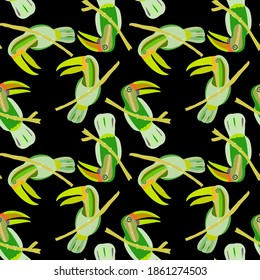 Creative seamless pattern with tropical birds, parrots, leaves and flowers. Trendy texture with hand drawn exotic plants. Swimwear botanical design. Jungle exotic summer print.	