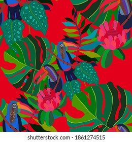 Creative seamless pattern with tropical birds, parrots, leaves and flowers. Trendy texture with hand drawn exotic plants. Swimwear botanical design. Jungle exotic summer print.	