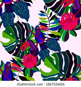 Creative seamless pattern with tropical birds, parrots, leaves and flowers. Trendy texture with hand drawn exotic plants. Swimwear botanical design. Jungle exotic summer print.	