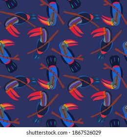 Creative seamless pattern with tropical birds, parrots, leaves and flowers. Trendy texture with hand drawn exotic plants. Swimwear botanical design. Jungle exotic summer print.	