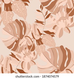 Creative seamless pattern with tropical birds, parrots, leaves and flowers. Trendy texture with hand drawn exotic plants. Swimwear botanical design. Jungle exotic summer print.	