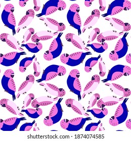 Creative seamless pattern with tropical birds, parrots, leaves and flowers. Trendy texture with hand drawn exotic plants. Swimwear botanical design. Jungle exotic summer print.	