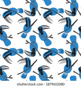 Creative seamless pattern with tropical birds, parrots, leaves and flowers. Trendy texture with hand drawn exotic plants. Swimwear botanical design. Jungle exotic summer print.	