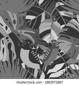 Creative seamless pattern with tropical birds, parrots, leaves and flowers. Trendy texture with hand drawn exotic plants. Swimwear botanical design. Jungle exotic summer print.	