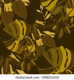 Creative seamless pattern with tropical birds, parrots, leaves and flowers. Trendy texture with hand drawn exotic plants. Swimwear botanical design. Jungle exotic summer print.	