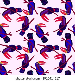 Creative seamless pattern with tropical birds, parrots, leaves and flowers. Trendy texture with hand drawn exotic plants. Swimwear botanical design. Jungle exotic summer print.	